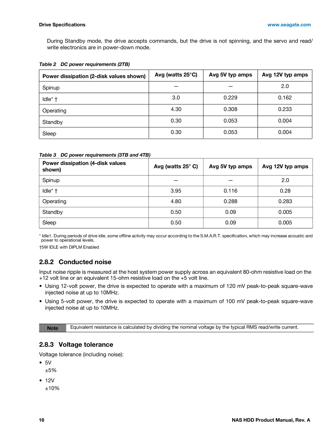 Seagate ST2000VN000, ST3000VN000 manual Conducted noise, Voltage tolerance 