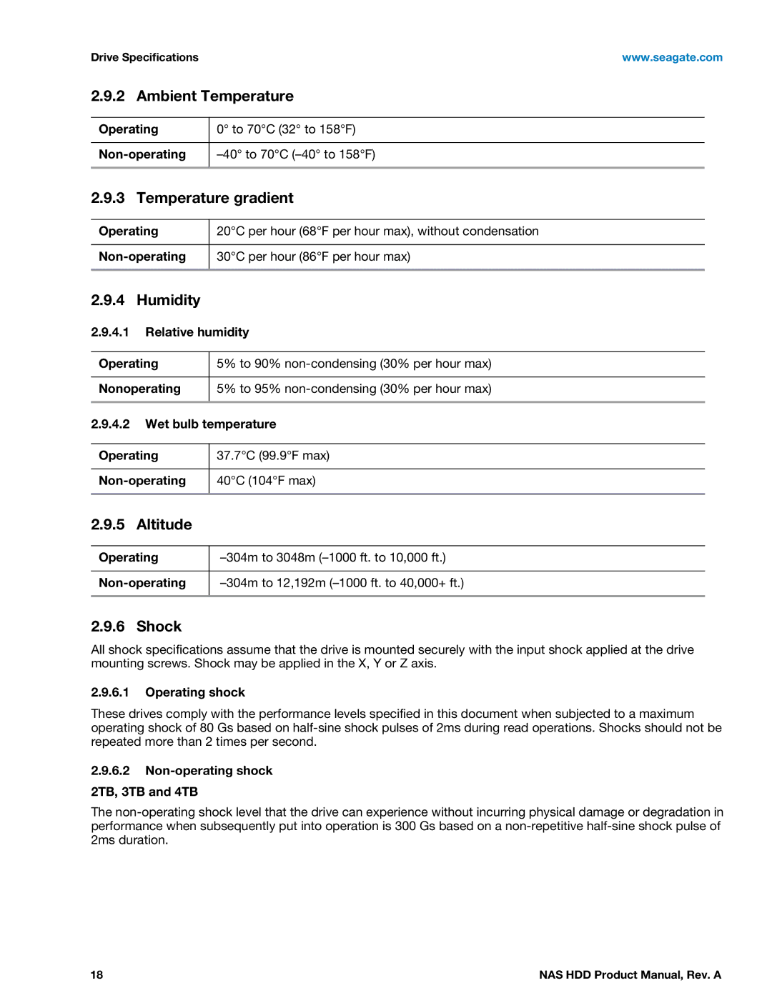 Seagate ST2000VN000, ST3000VN000 manual Ambient Temperature, Temperature gradient, Humidity, Altitude, Shock 