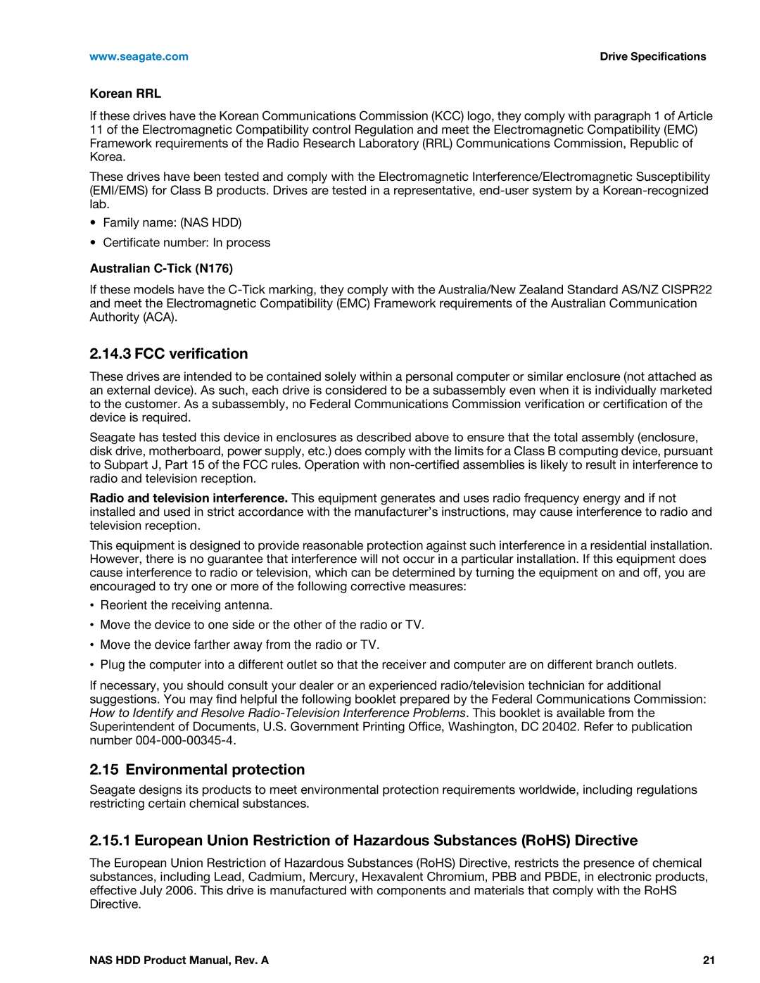 Seagate ST3000VN000, ST2000VN000 manual FCC verification, Environmental protection, Korean RRL, Australian C-Tick N176 