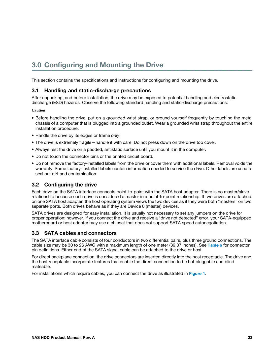 Seagate ST3000VN000 manual Handling and static-discharge precautions, Configuring the drive, Sata cables and connectors 