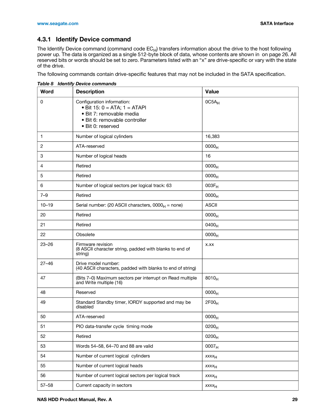 Seagate ST3000VN000, ST2000VN000 manual Identify Device command, Word Description Value 