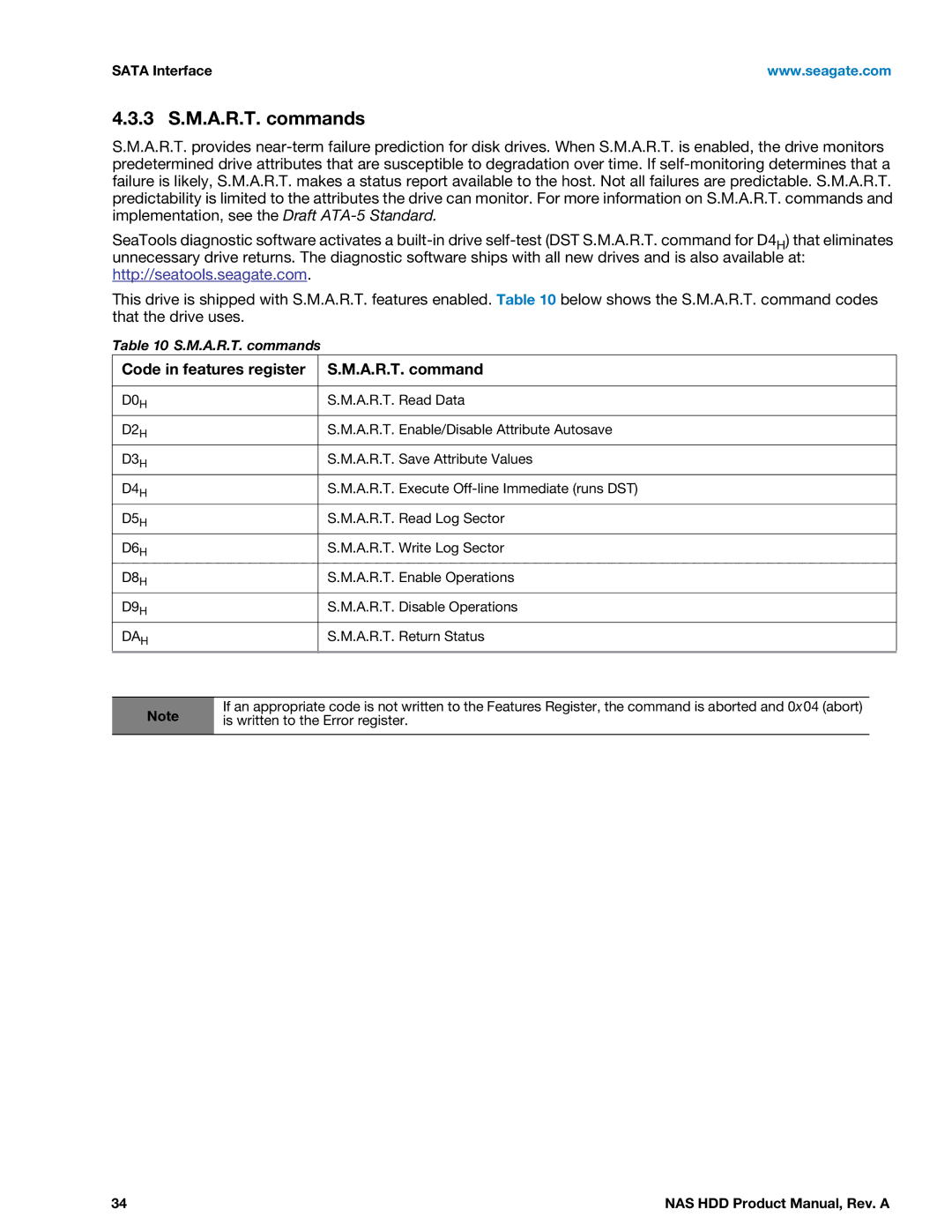 Seagate ST2000VN000, ST3000VN000 manual 3 S.M.A.R.T. commands, Code in features register A.R.T. command 