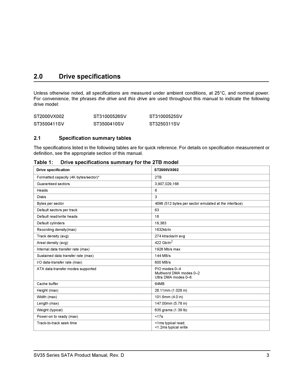 Seagate ST3500411SV, ST2000VX002 manual Specification summary tables, Drive specifications summary for the 2TB model 