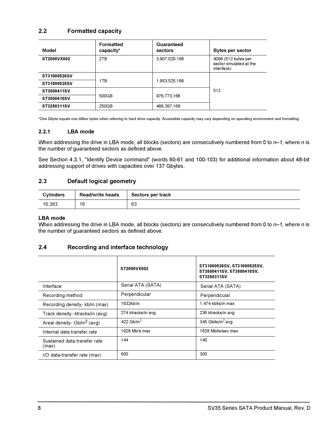 Seagate ST2000VX002 manual Formatted capacity, Default logical geometry, Recording and interface technology, LBA mode 