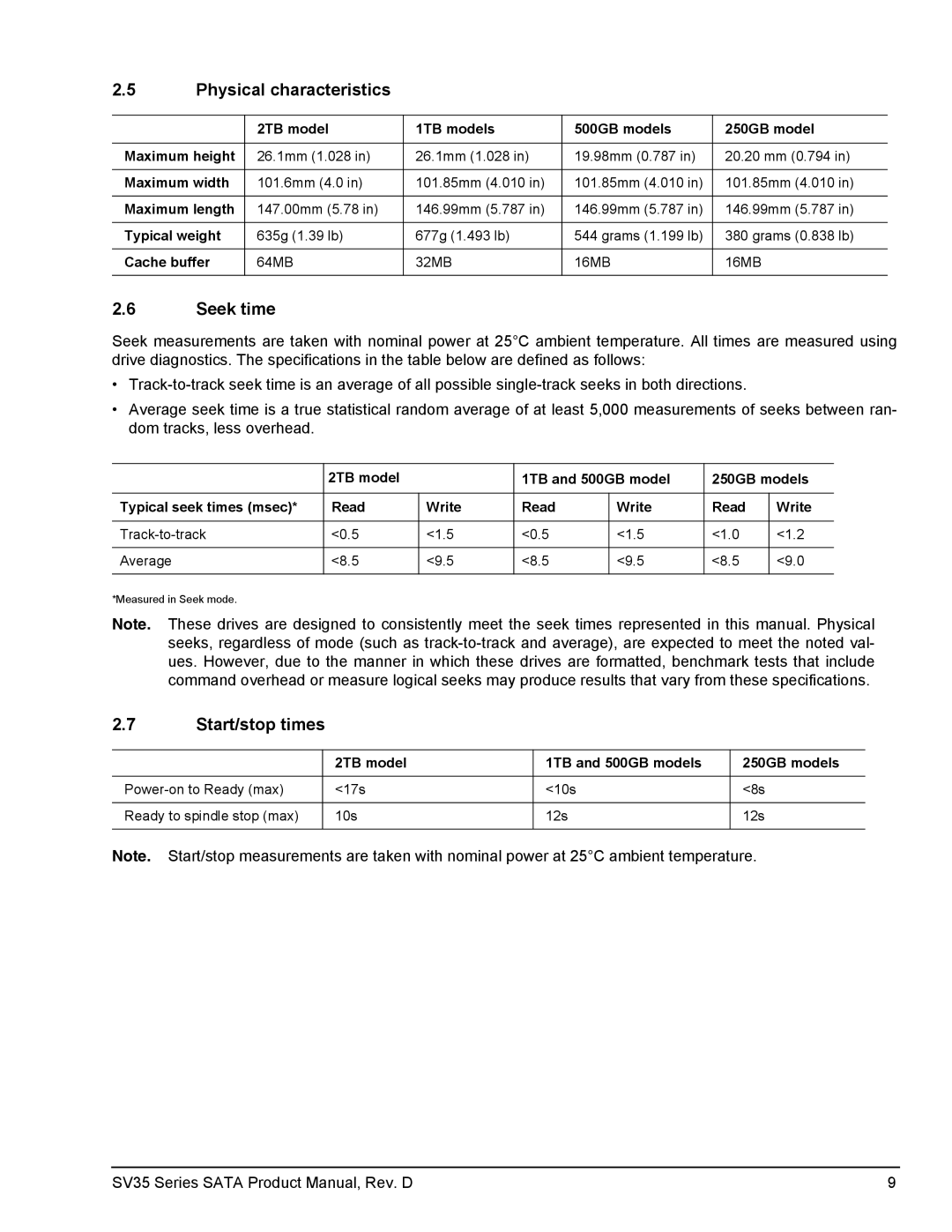Seagate ST31000525SV, ST2000VX002, ST31000526SV, ST3500411SV manual Physical characteristics, Seek time, Start/stop times 