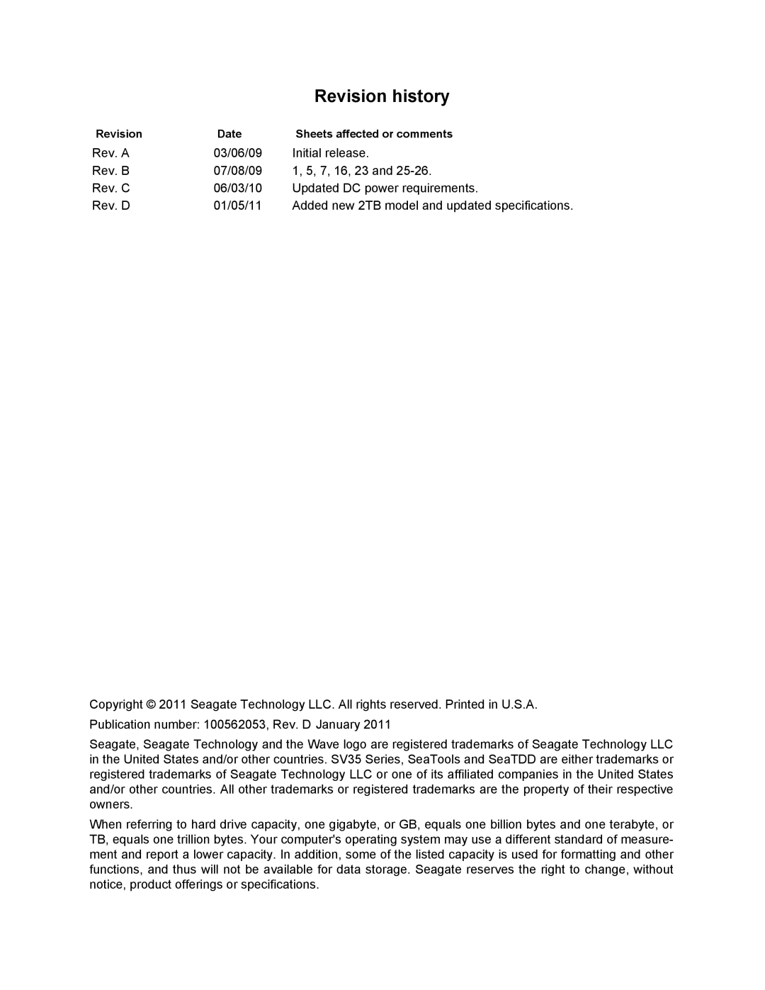 Seagate ST31000526SV, ST2000VX002, ST31000525SV, ST3500411SV Revision history, Revision Date Sheets affected or comments 