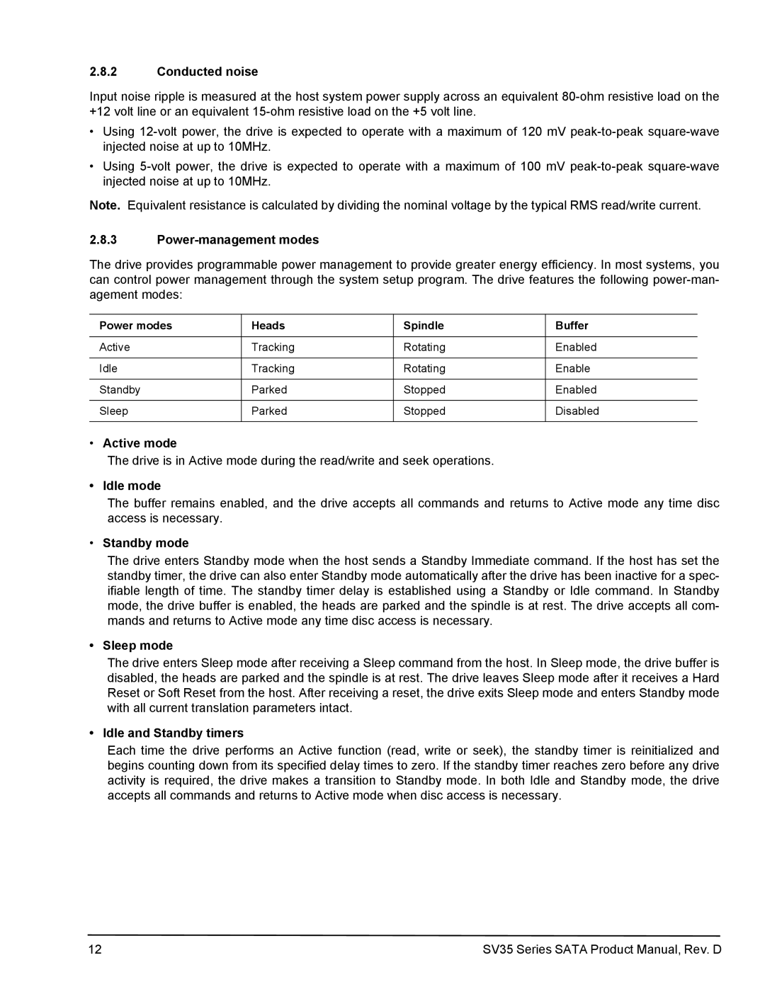 Seagate ST2000VX002 Conducted noise, Power-management modes, Active mode, Idle mode, Sleep mode, Idle and Standby timers 