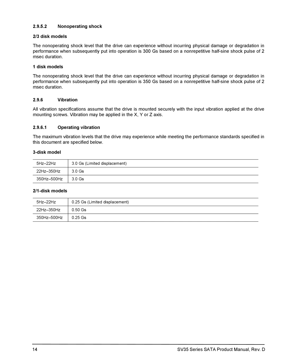 Seagate ST31000526SV, ST2000VX002, ST31000525SV, ST3500411SV Nonoperating shock Disk models, Vibration, Operating vibration 