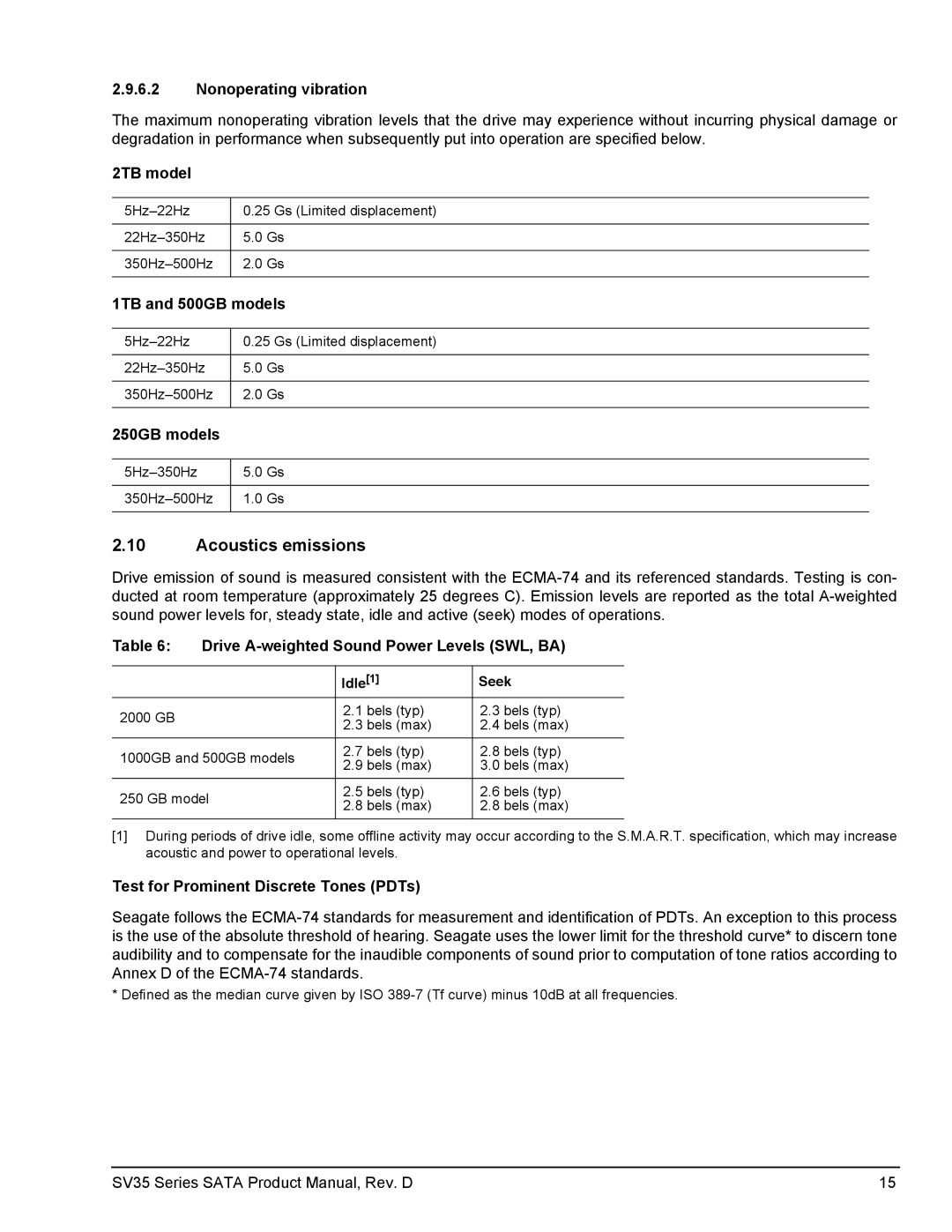 Seagate ST3500411SV, ST2000VX002, ST31000525SV, ST31000526SV manual Acoustics emissions 