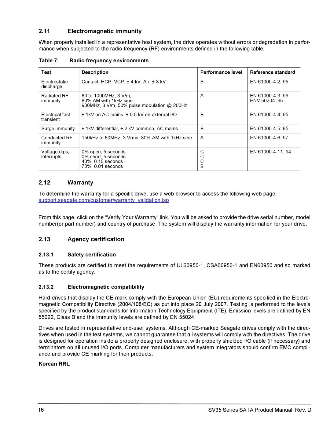 Seagate ST2000VX002, ST31000525SV, ST31000526SV, ST3500411SV manual Electromagnetic immunity, Warranty, Agency certification 