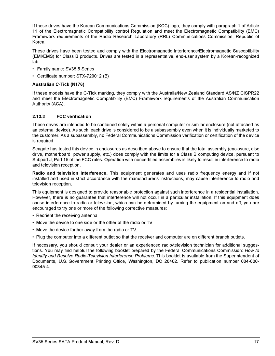 Seagate ST31000525SV, ST2000VX002, ST31000526SV, ST3500411SV manual Australian C-Tick N176, FCC verification 