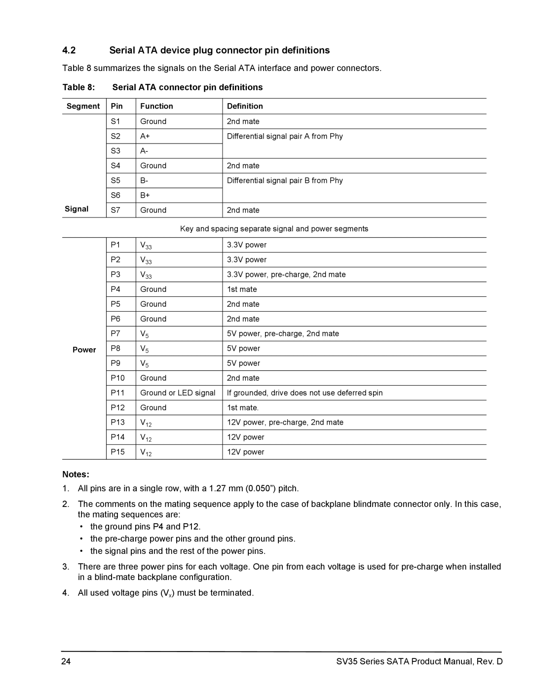 Seagate ST2000VX002 manual Serial ATA device plug connector pin definitions, Serial ATA connector pin definitions, Signal 