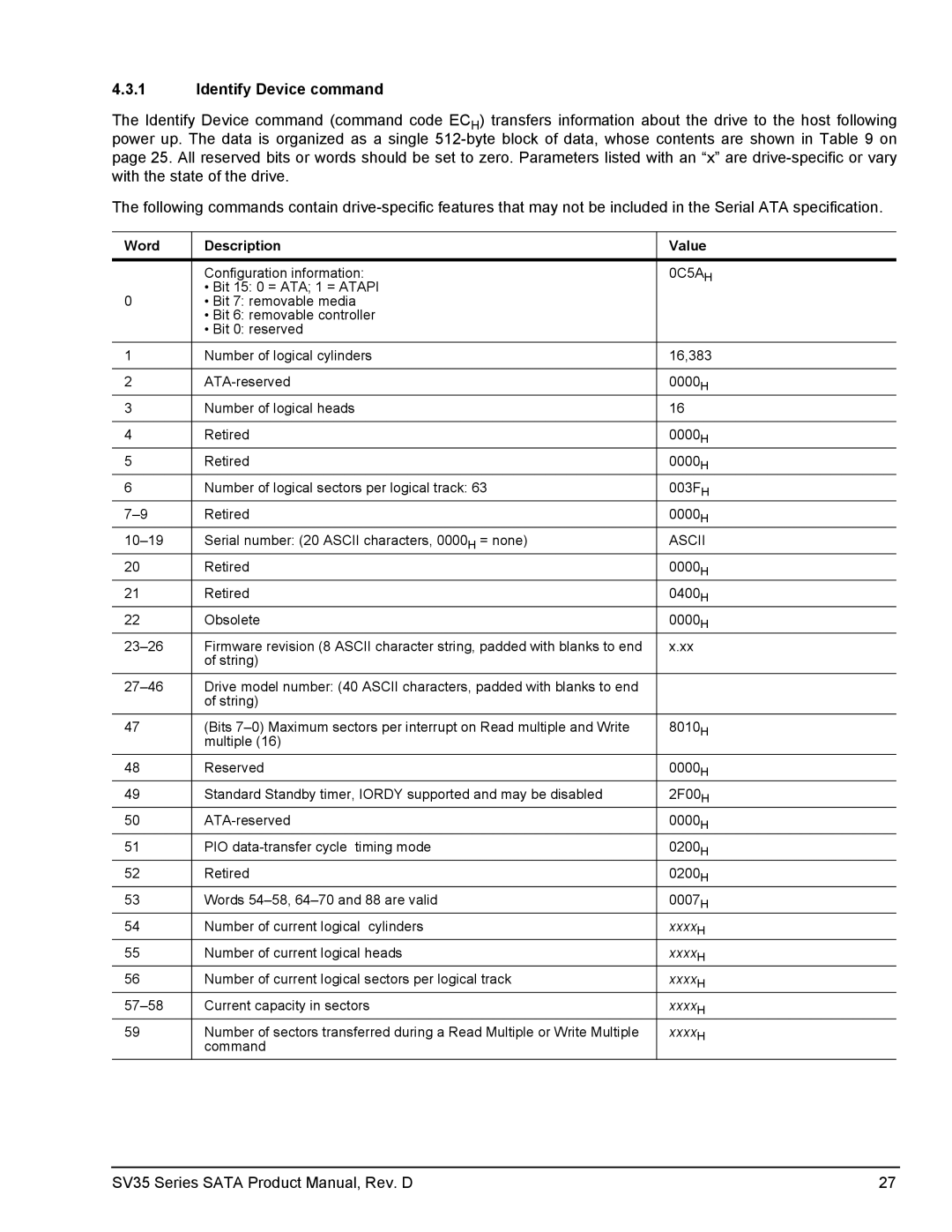 Seagate ST3500411SV, ST2000VX002, ST31000525SV, ST31000526SV manual Identify Device command, Word Description Value 