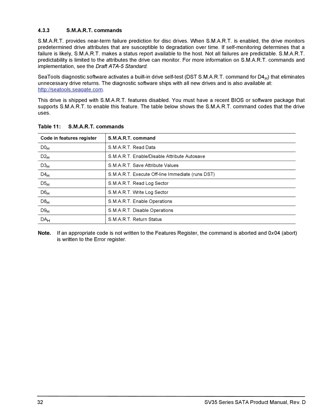 Seagate ST2000VX002, ST31000525SV, ST31000526SV, ST3500411SV 3 S.M.A.R.T. commands, Code in features register A.R.T. command 