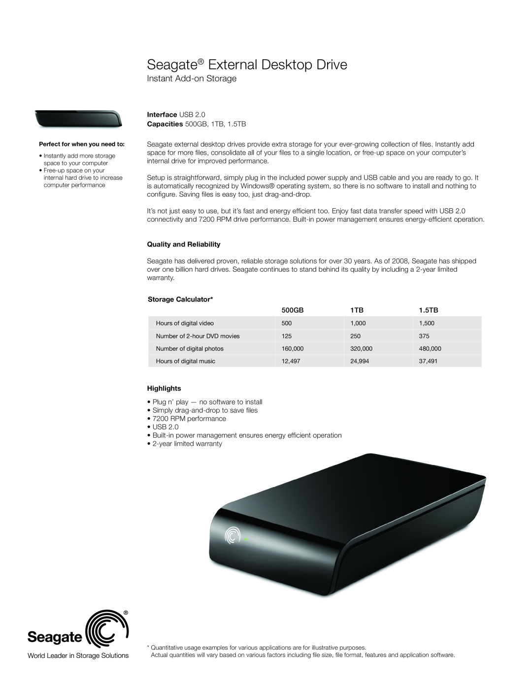 Seagate ST305004EXM101-RK warranty Seagate External Desktop Drive, Instant Add-on Storage, Interface USB, Highlights 
