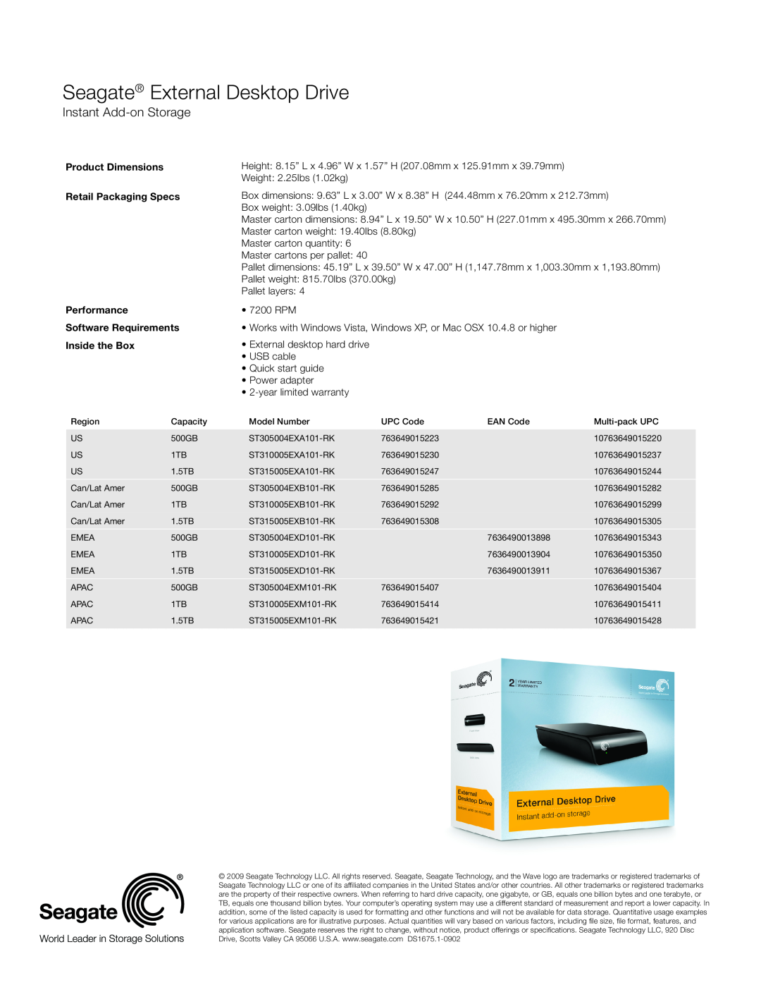 Seagate ST305004EXB101-RK Product Dimensions Retail Packaging Specs Performance, Software Requirements Inside the Box 