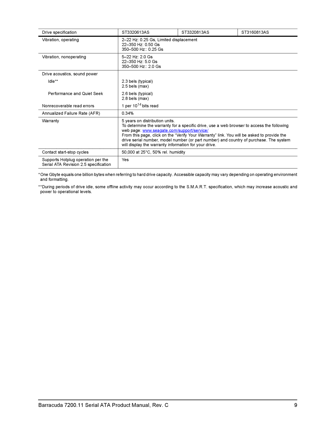 Seagate ST31500341AS, ST31000333AS, ST3160813AS, ST3320813AS, ST3320613AS Barracuda 7200.11 Serial ATA Product Manual, Rev. C 