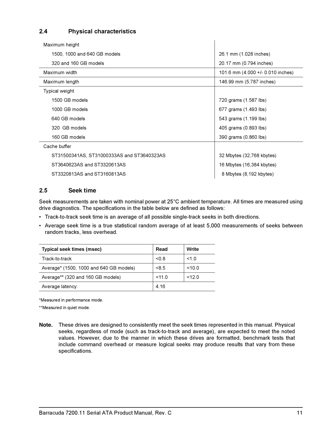 Seagate ST3320813AS, ST31000333AS, ST31500341AS Physical characteristics, Seek time, Typical seek times msec Read Write 