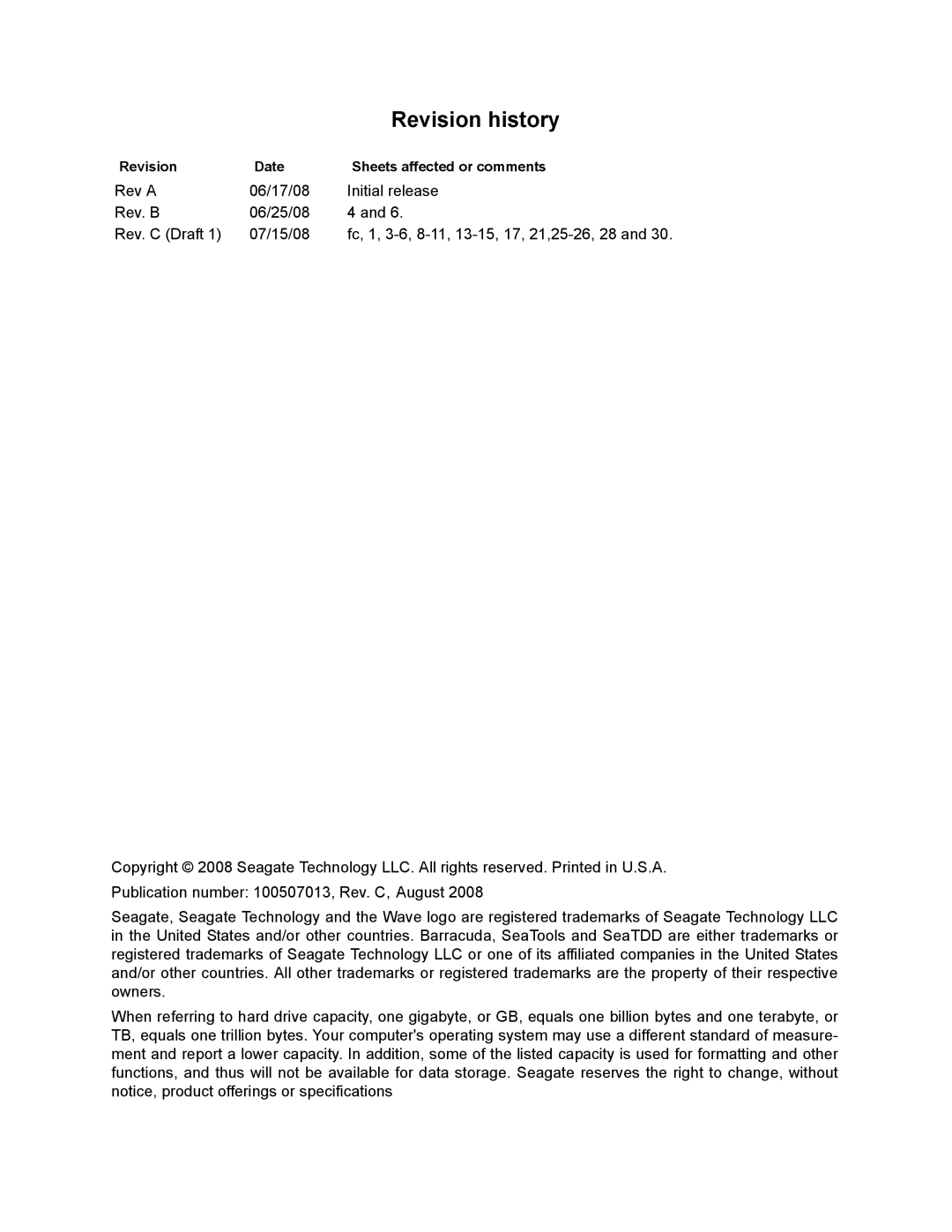 Seagate ST3160813AS, ST31000333AS, ST31500341AS, ST3320813AS Revision history, Revision Date Sheets affected or comments 