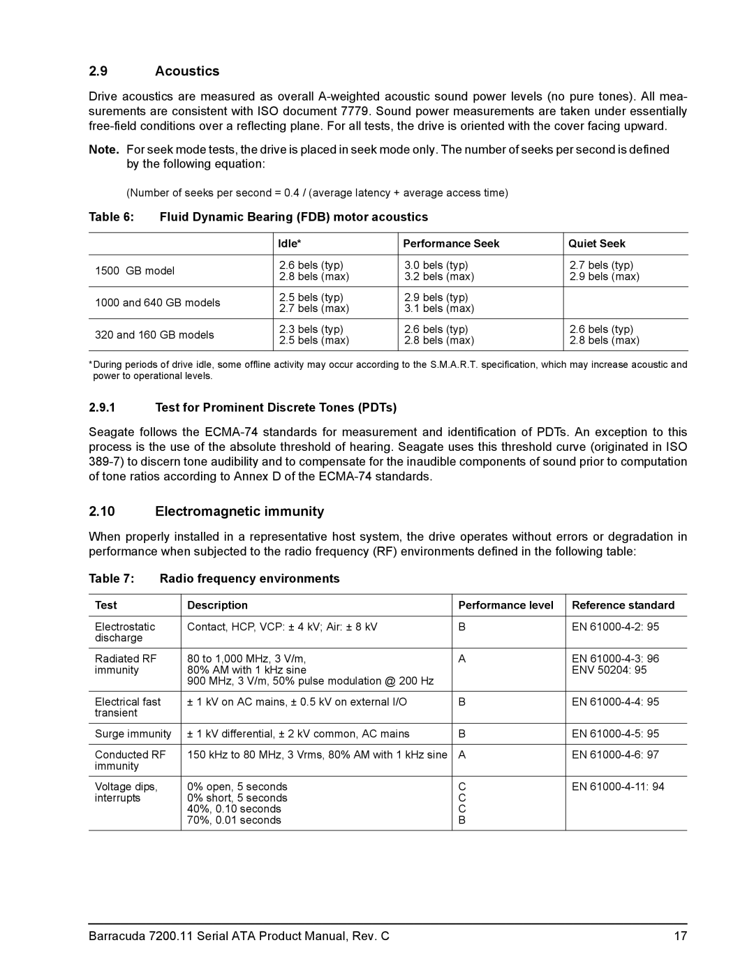 Seagate ST3160813AS, ST31000333AS manual Acoustics, Electromagnetic immunity, Fluid Dynamic Bearing FDB motor acoustics 