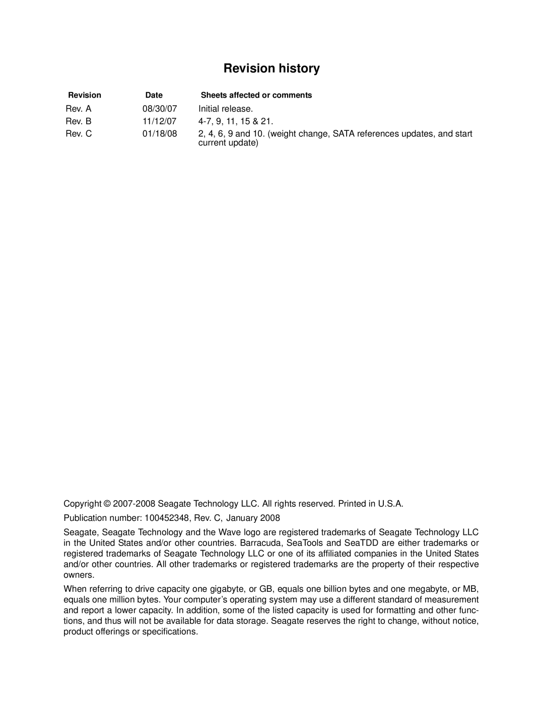 Seagate ST3750330AS, ST31000340AS, ST31000640AS, ST3750630AS Revision history, Revision Date Sheets affected or comments 