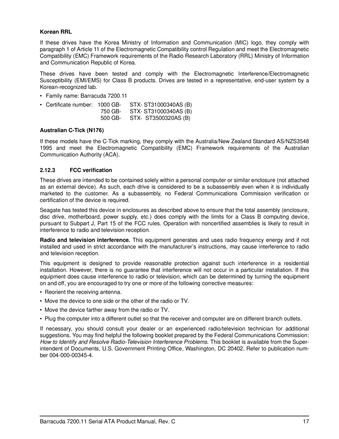 Seagate ST3750330AS, ST31000340AS, ST31000640AS, ST3750630AS manual Korean RRL, Australian C-Tick N176, FCC verification 