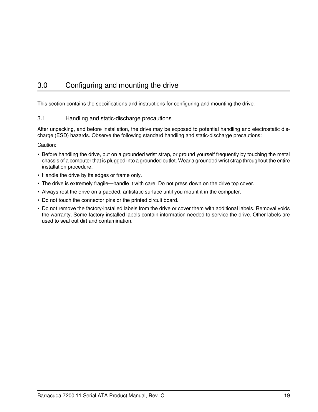 Seagate ST3500820AS, ST31000340AS manual Configuring and mounting the drive, Handling and static-discharge precautions 