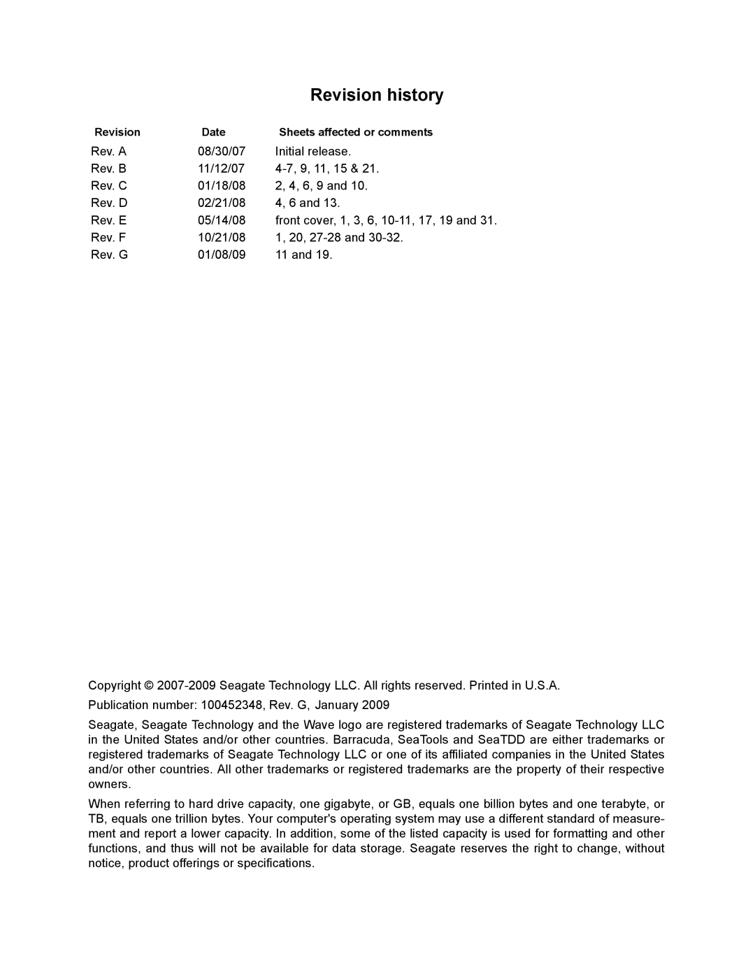 Seagate ST3750330AS, ST31000340AS, ST31000640AS, ST3750630AS Revision history, Revision Date Sheets affected or comments 