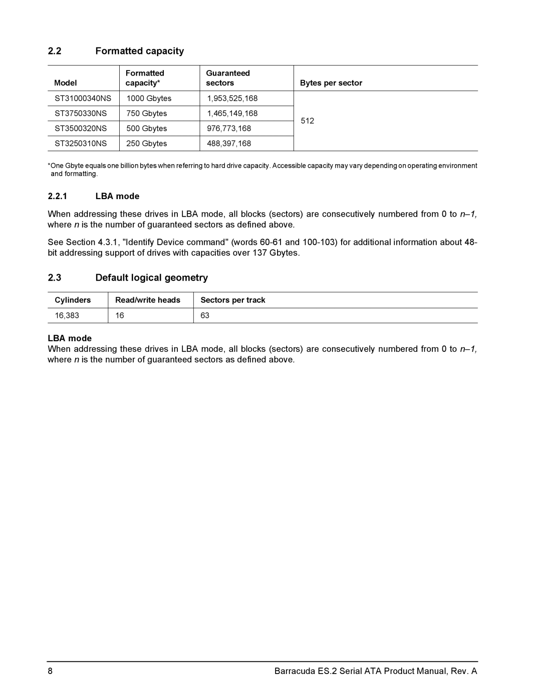 Seagate ST3750330NS, ST31000340NS, ST3250310NS, ST3500320NS manual Formatted capacity, Default logical geometry, LBA mode 