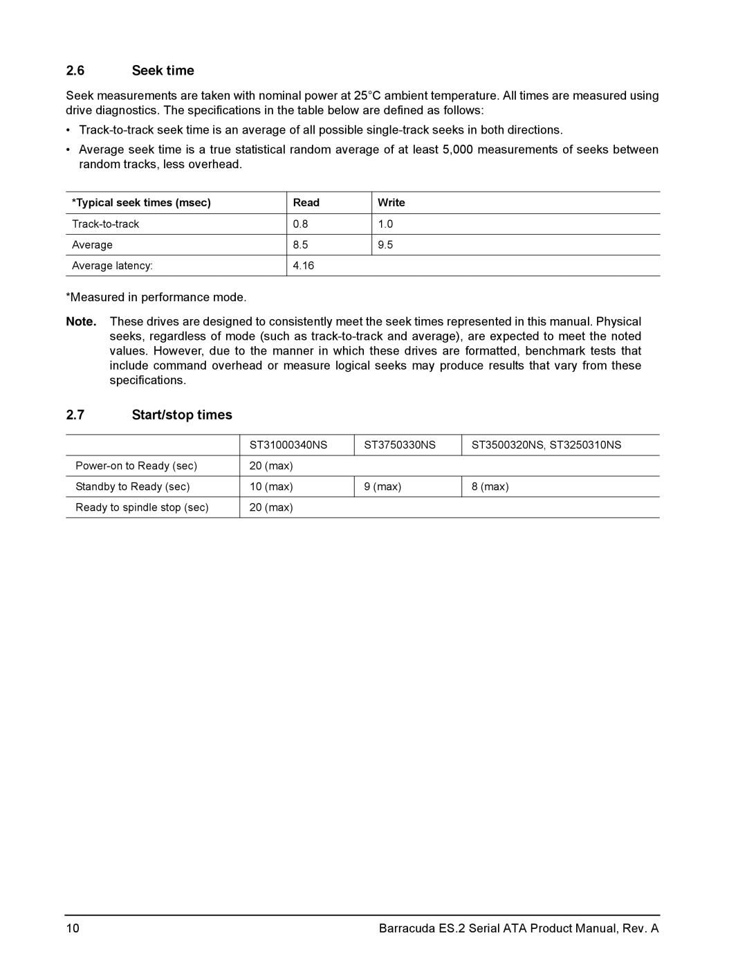 Seagate ST31000340NS, ST3250310NS, ST3750330NS, ST3500320NS Seek time, Start/stop times, Typical seek times msec Read Write 