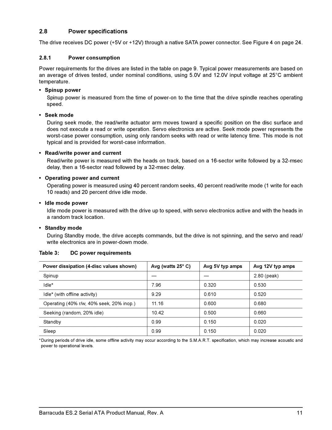 Seagate ST3250310NS, ST31000340NS, ST3750330NS, ST3500320NS manual Power specifications 