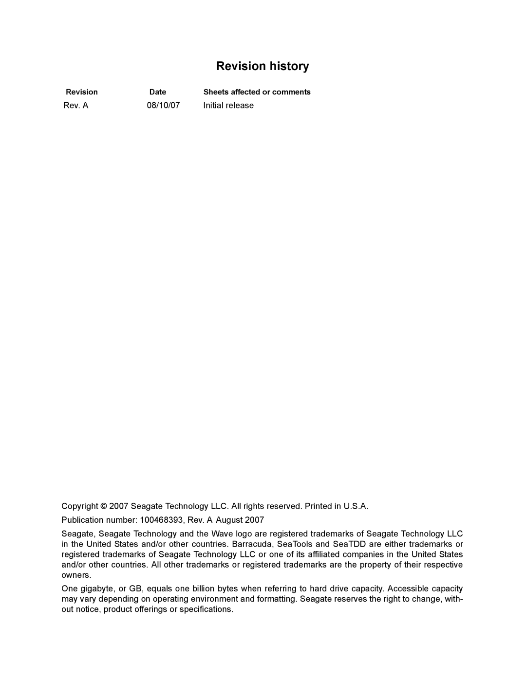 Seagate ST3750330NS, ST31000340NS, ST3250310NS, ST3500320NS manual Revision history, Revision Date 