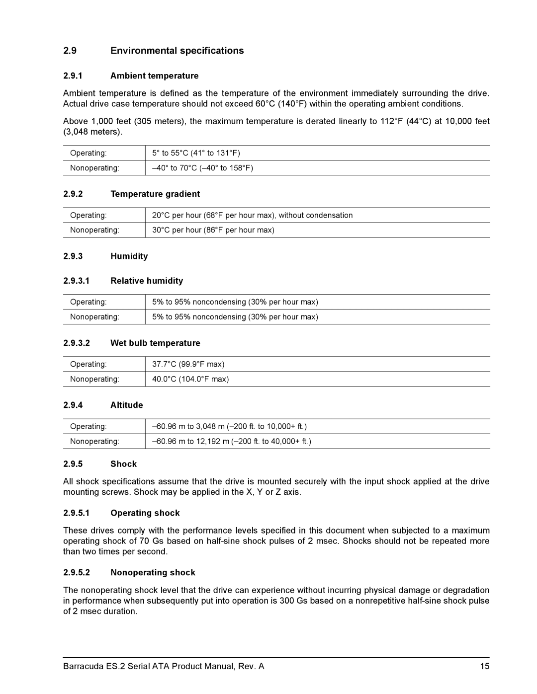 Seagate ST3250310NS, ST31000340NS, ST3750330NS, ST3500320NS manual Environmental specifications 