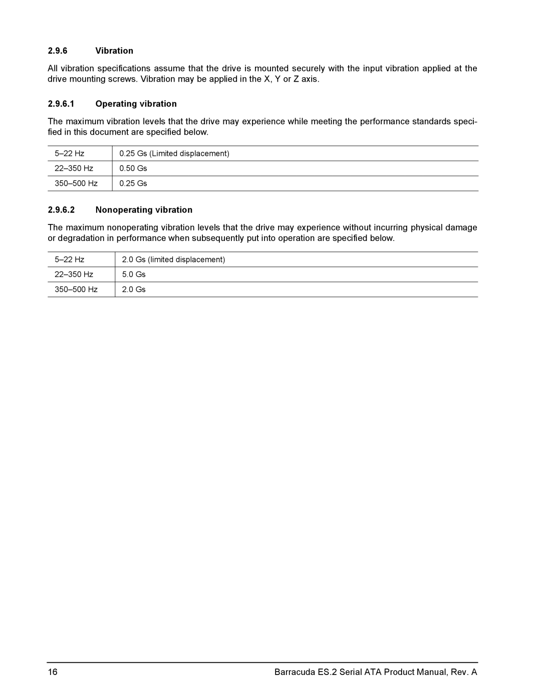 Seagate ST3750330NS, ST31000340NS, ST3250310NS, ST3500320NS manual Vibration, Operating vibration, Nonoperating vibration 