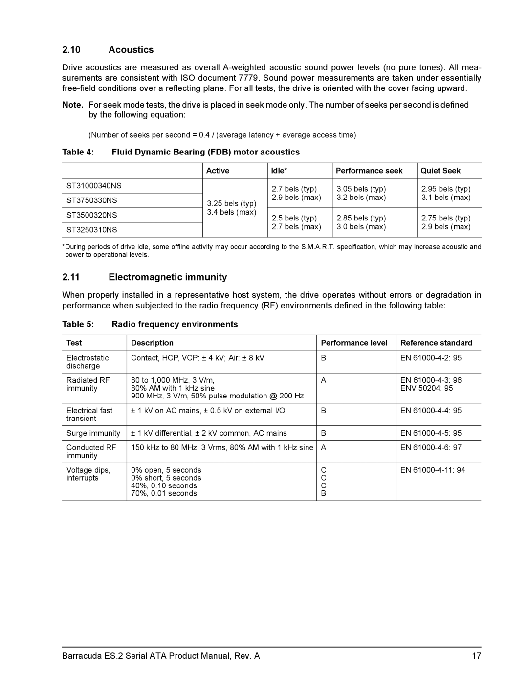 Seagate ST3500320NS, ST31000340NS manual Acoustics, Electromagnetic immunity, Fluid Dynamic Bearing FDB motor acoustics 