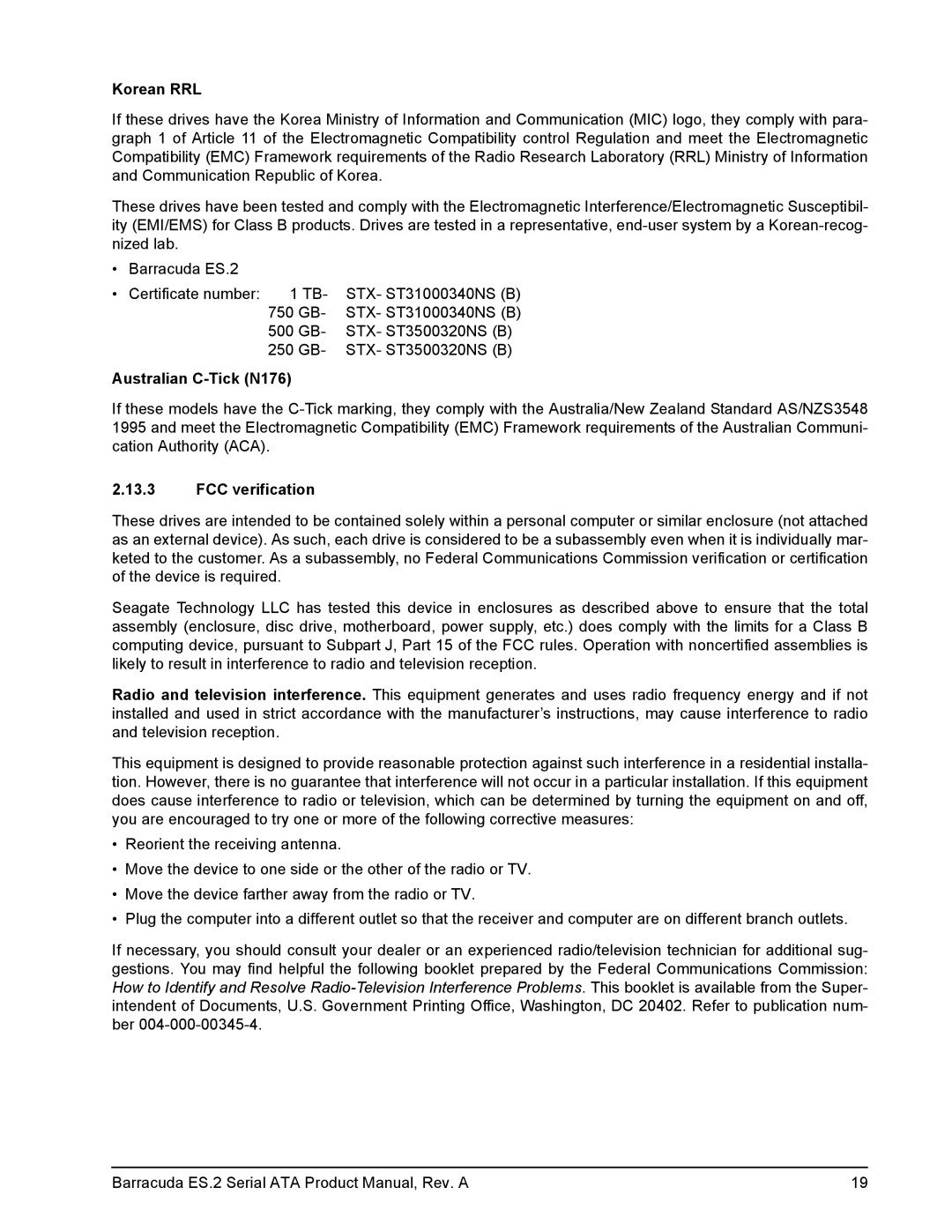 Seagate ST3250310NS, ST31000340NS, ST3750330NS, ST3500320NS manual Korean RRL, Australian C-Tick N176, FCC verification 