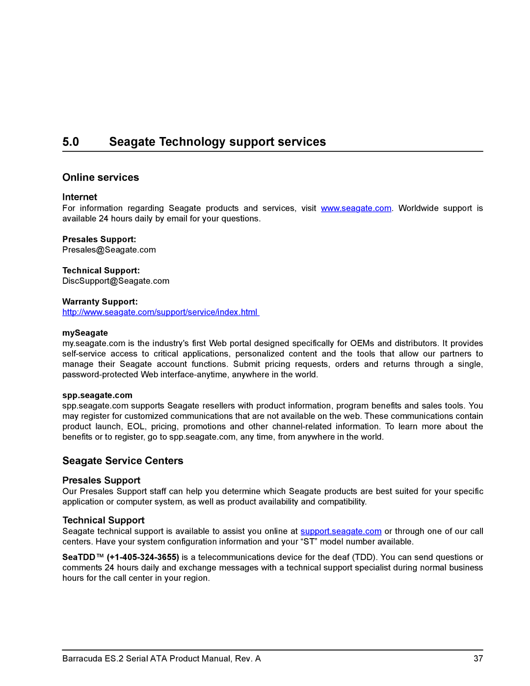 Seagate ST3500320NS, ST31000340NS, ST3250310NS, ST3750330NS manual Internet, Presales Support, Technical Support 