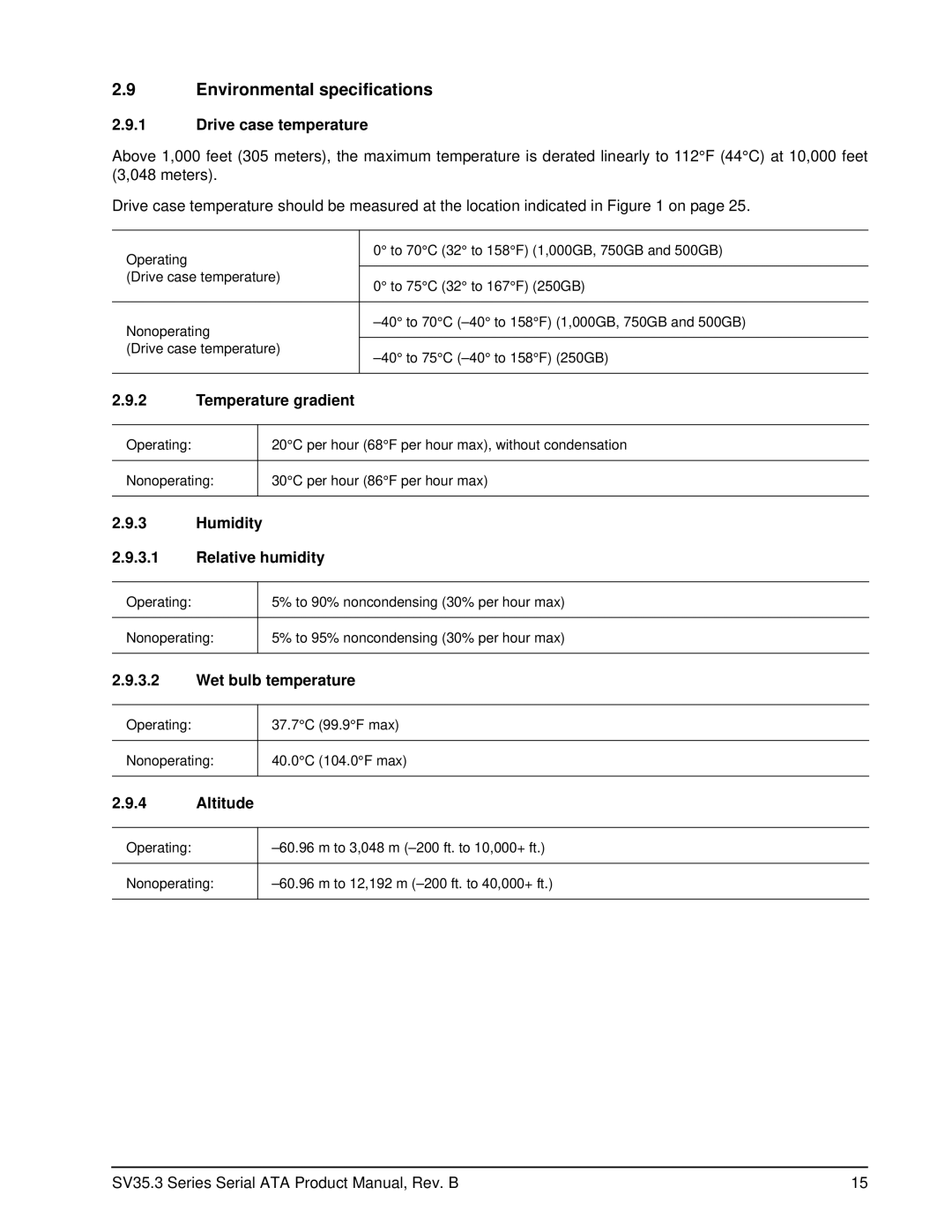 Seagate ST3250310SV, ST31000340SV, ST3750330SV, ST3500320SV manual Environmental specifications 