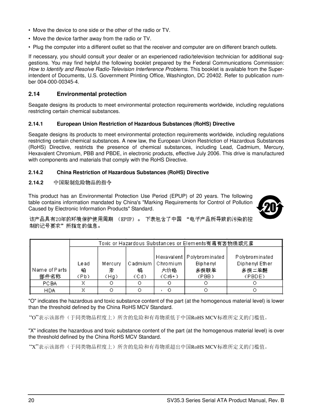 Seagate ST3750330SV, ST31000340SV manual Environmental protection, China Restriction of Hazardous Substances RoHS Directive 