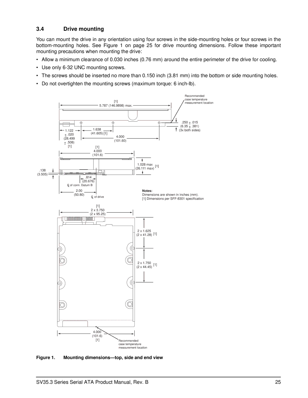 Seagate ST3500320SV, ST31000340SV, ST3250310SV, ST3750330SV manual Drive mounting, Mounting dimensions-top, side and end view 