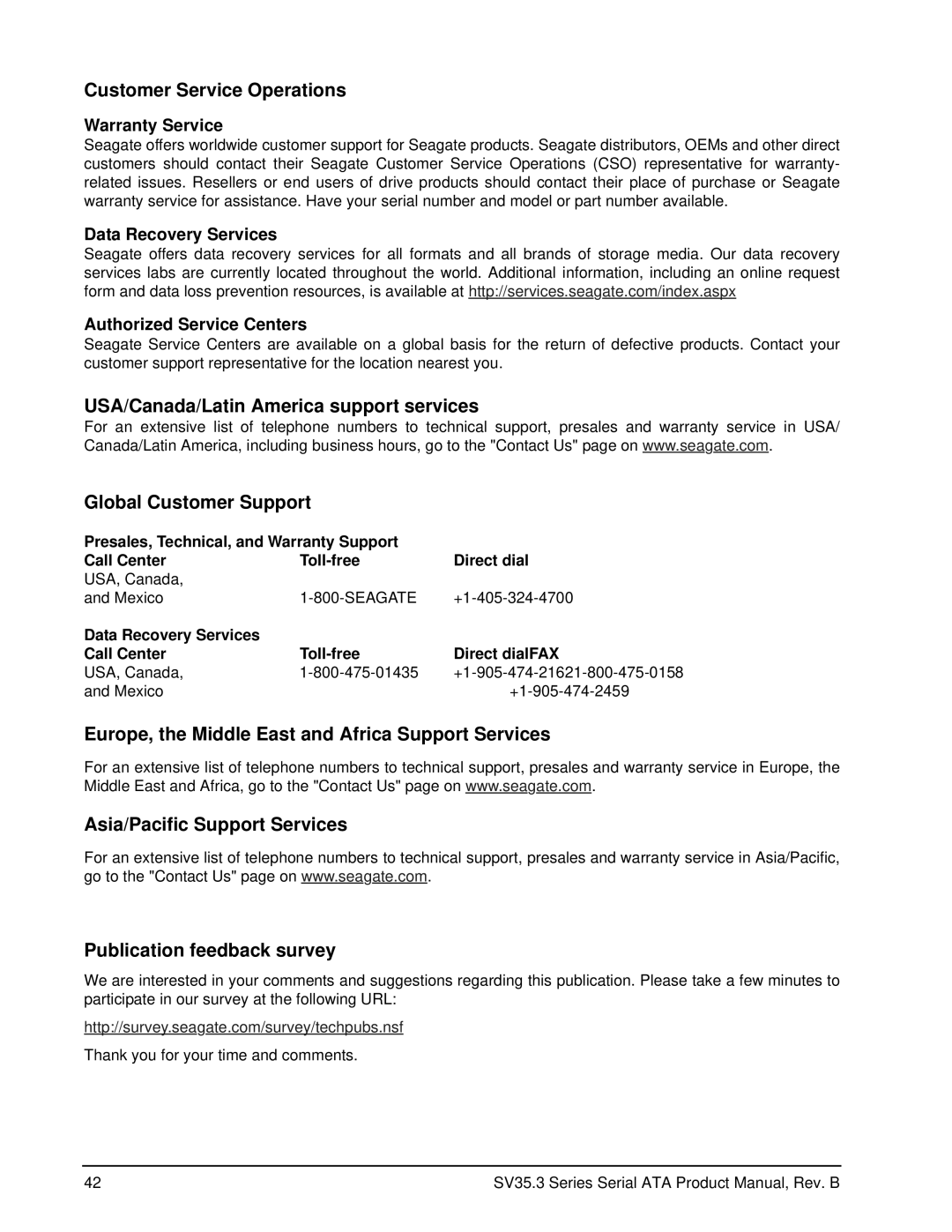 Seagate ST31000340SV, ST3250310SV, ST3750330SV manual Warranty Service, Data Recovery Services Authorized Service Centers 