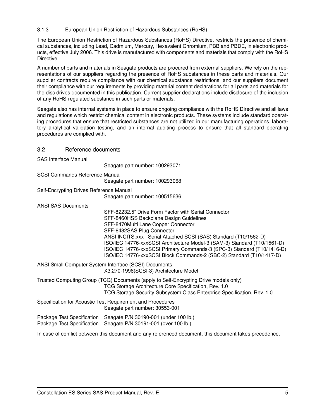 Seagate ST32000445SS, ST31000425SS manual Reference documents, European Union Restriction of Hazardous Substances RoHS 