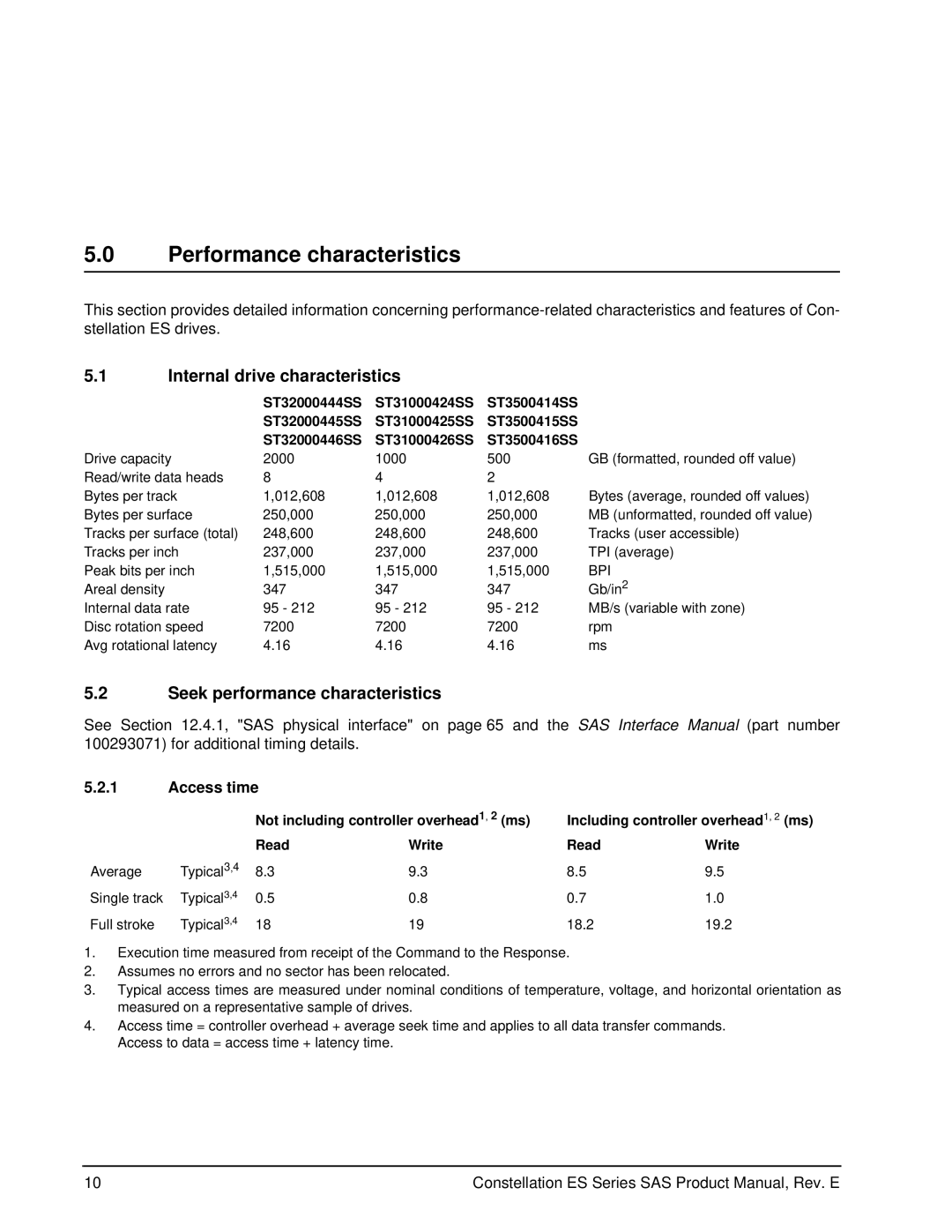 Seagate ST31000425SS manual Performance characteristics, Internal drive characteristics, Seek performance characteristics 