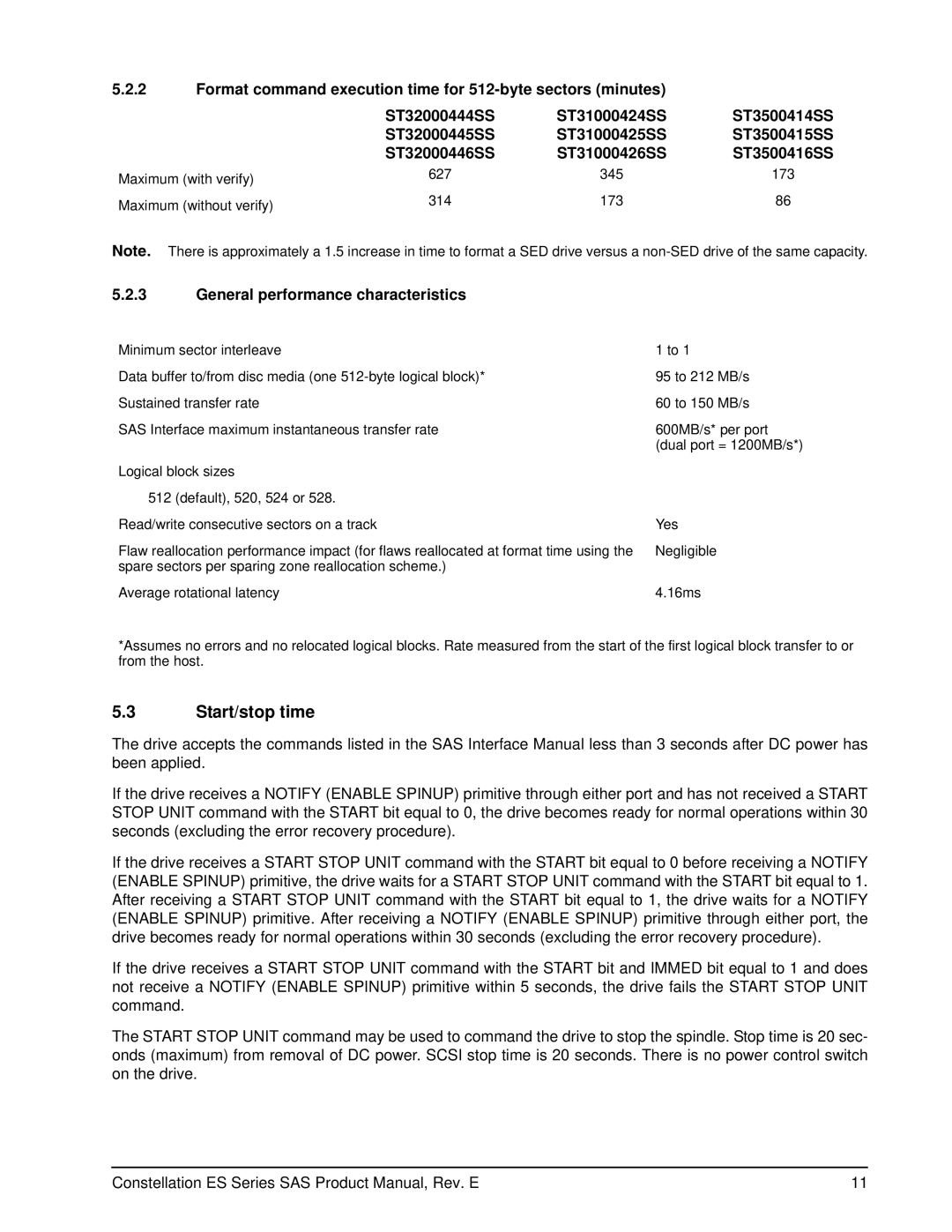 Seagate ST31000424SS, ST31000425SS, ST31000426SS, ST32000446SS manual Start/stop time, General performance characteristics 