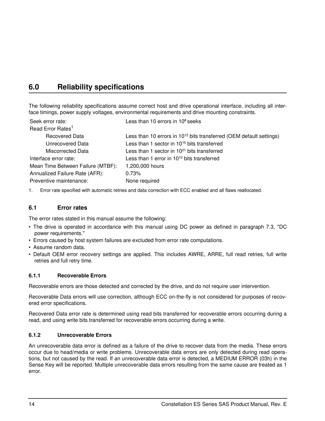 Seagate ST32000445SS, ST31000425SS manual Reliability specifications, Error rates, Recoverable Errors, Unrecoverable Errors 