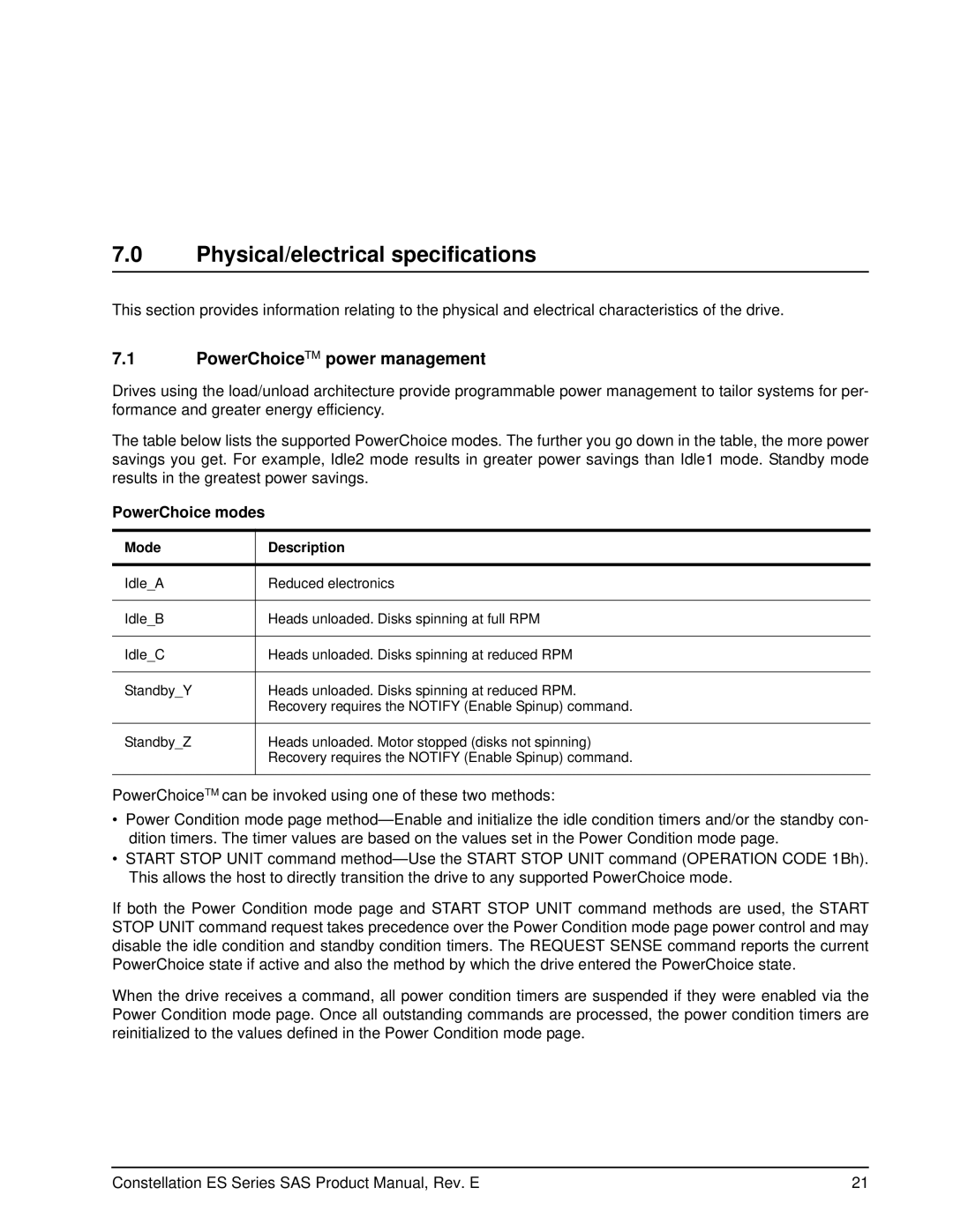 Seagate ST31000426SS, ST31000425SS Physical/electrical specifications, PowerChoiceTM power management, PowerChoice modes 