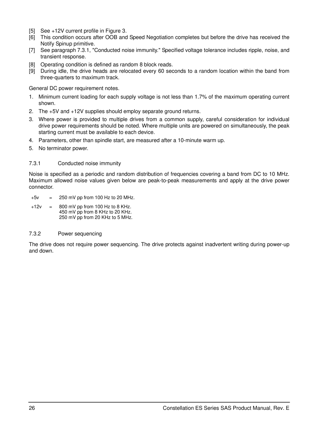 Seagate ST3500416SS, ST31000425SS manual General DC power requirement notes, Conducted noise immunity, Power sequencing 