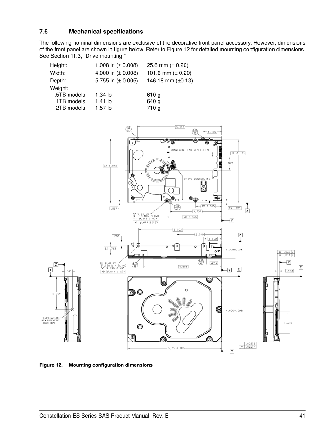 Seagate ST32000445SS, ST31000425SS, ST31000424SS, ST31000426SS Mechanical specifications, Mounting configuration dimensions 