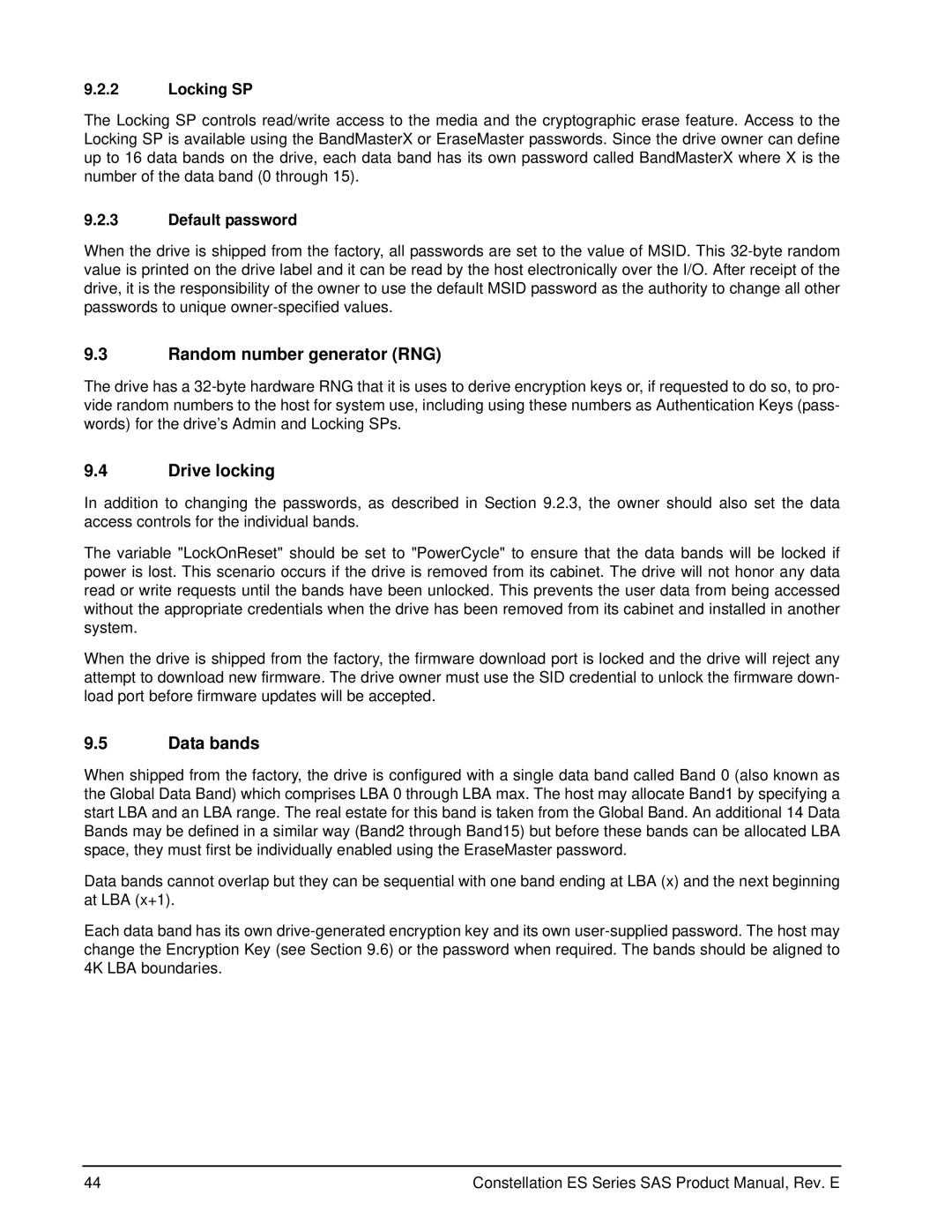 Seagate ST3500416SS, ST31000425SS Random number generator RNG, Drive locking, Data bands, Locking SP, Default password 