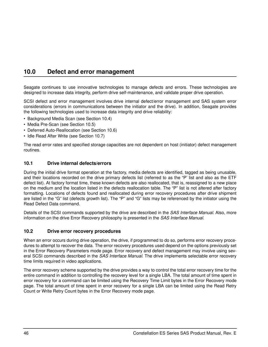 Seagate ST31000425SS manual Defect and error management, Drive internal defects/errors, Drive error recovery procedures 